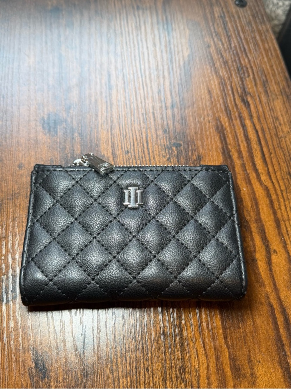 Quilted Black Leather Card Wallet with Silver Accent